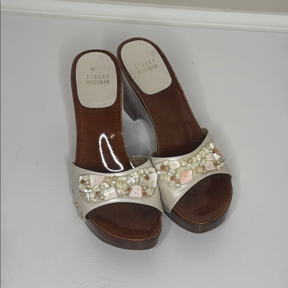Stuart Weitzman Wood Sole Cream Shells Beads Y2K Beach Resortwear Spain Sandals - Picture 2 of 11